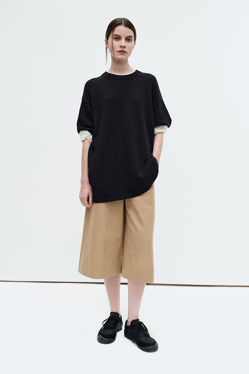 Oversized Cotton-Hemp Half Sleeve Knit Top