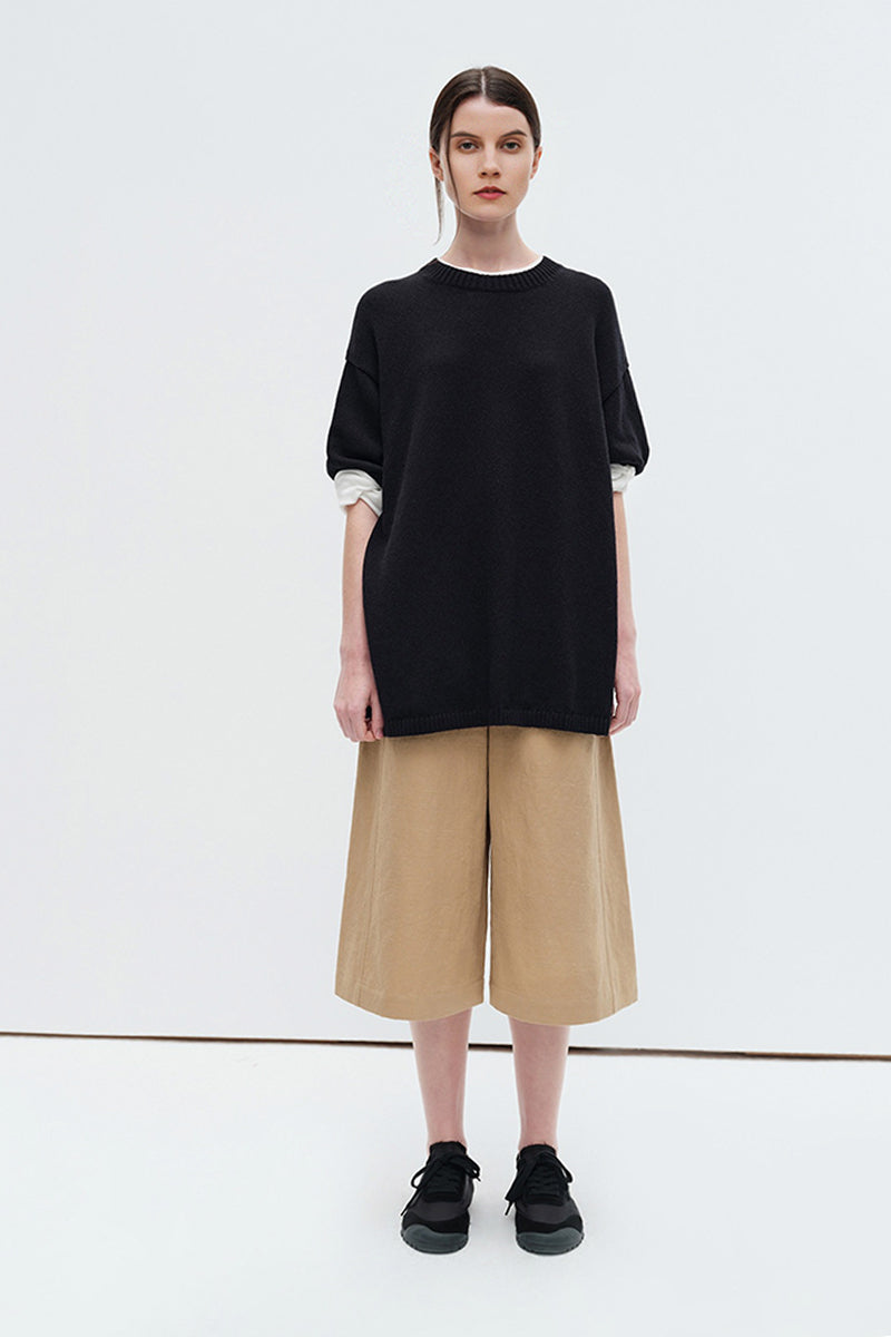 Oversized Cotton-Hemp Half Sleeve Knit Top