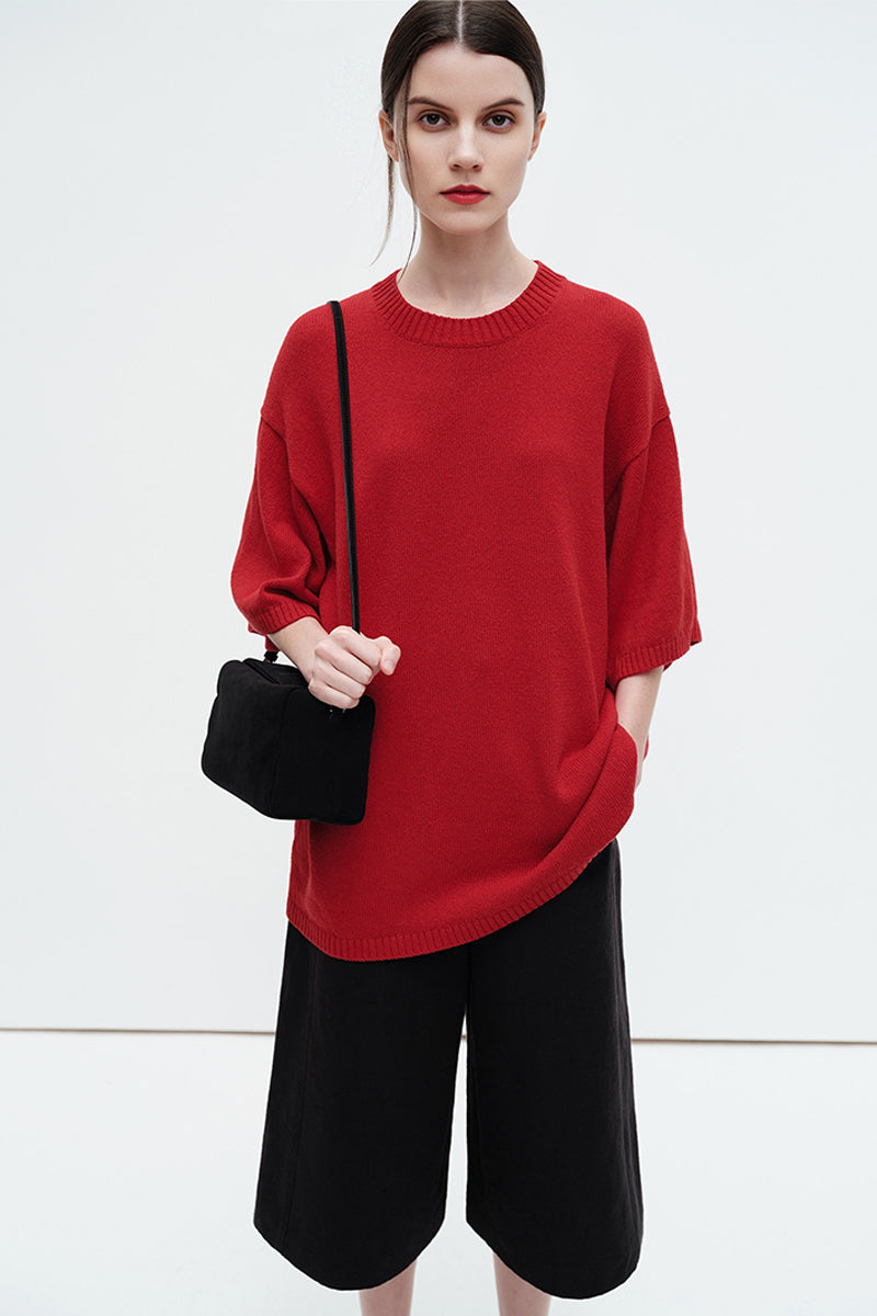 Oversized Cotton-Hemp Half Sleeve Knit Top
