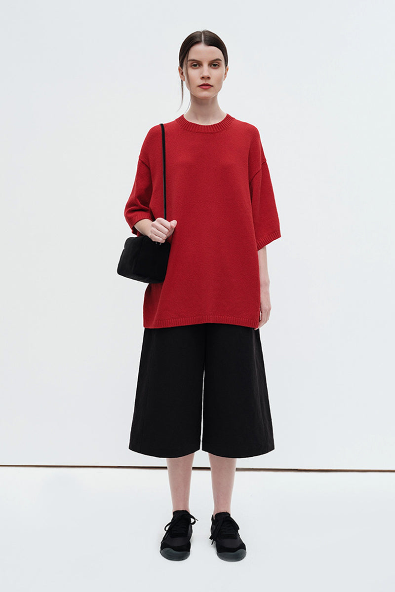 Oversized Cotton-Hemp Half Sleeve Knit Top