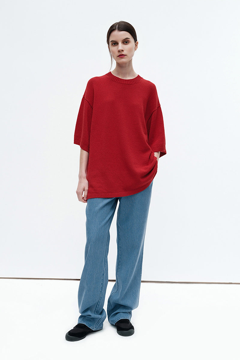 Oversized Cotton-Hemp Half Sleeve Knit Top