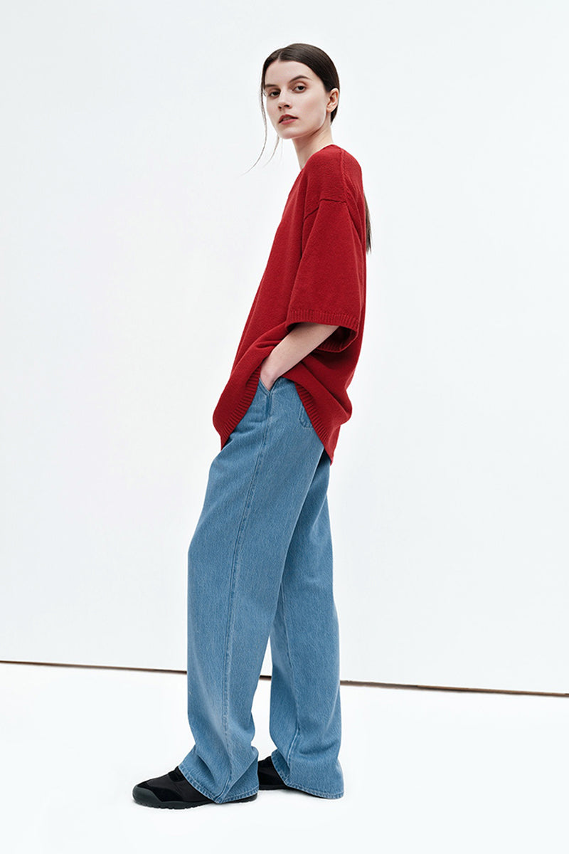 Oversized Cotton-Hemp Half Sleeve Knit Top