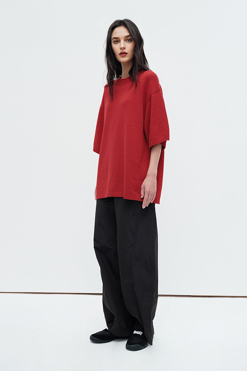 Oversized Cotton-Hemp Half Sleeve Knit Top