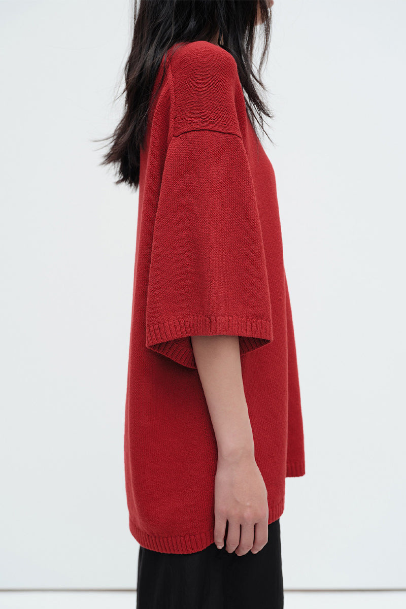 Oversized Cotton-Hemp Half Sleeve Knit Top