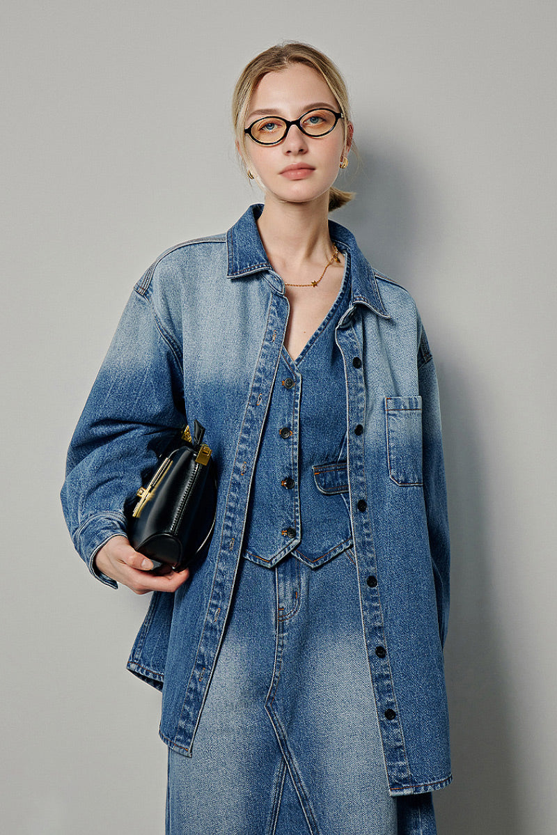 Oversized Denim Long-Sleeve Button-Up Shirt with Gradient Effect
