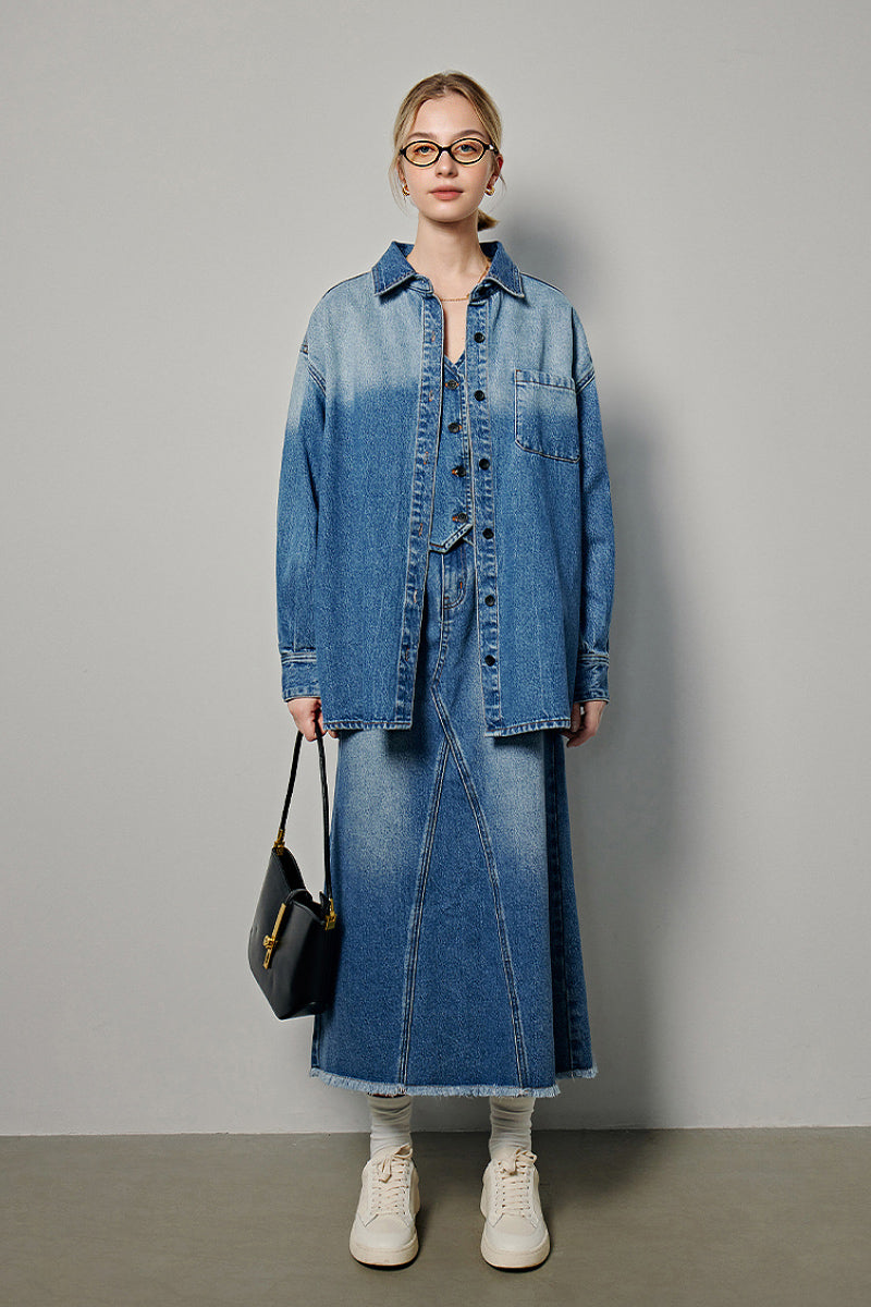 Oversized Denim Long-Sleeve Button-Up Shirt with Gradient Effect