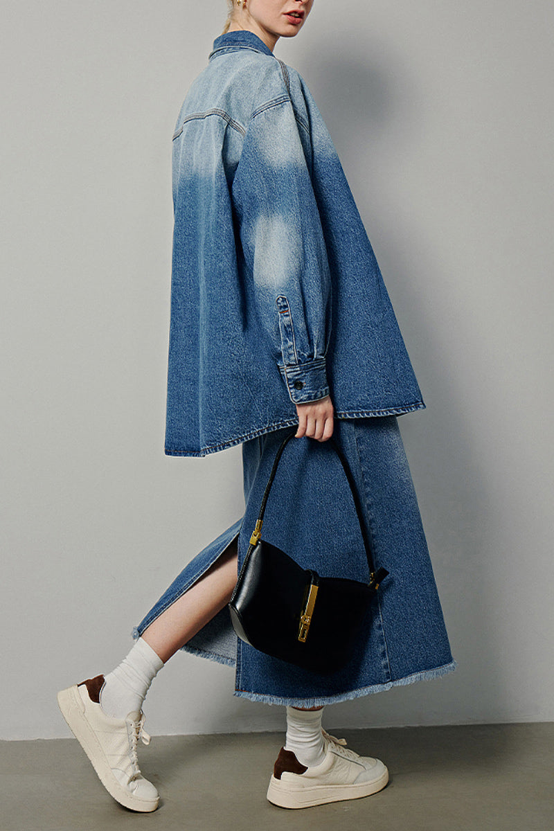 Oversized Denim Long-Sleeve Button-Up Shirt with Gradient Effect