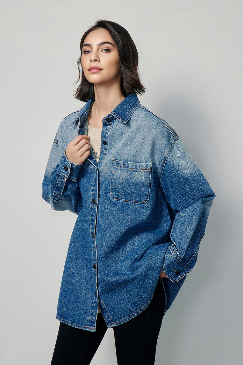 Oversized Denim Long-Sleeve Button-Up Shirt with Gradient Effect