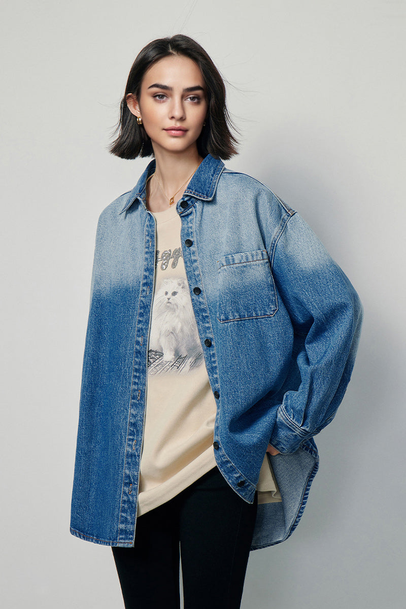 Oversized Denim Long-Sleeve Button-Up Shirt with Gradient Effect