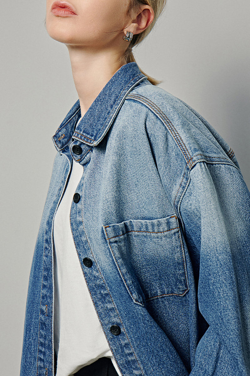 Oversized Denim Long-Sleeve Button-Up Shirt with Gradient Effect