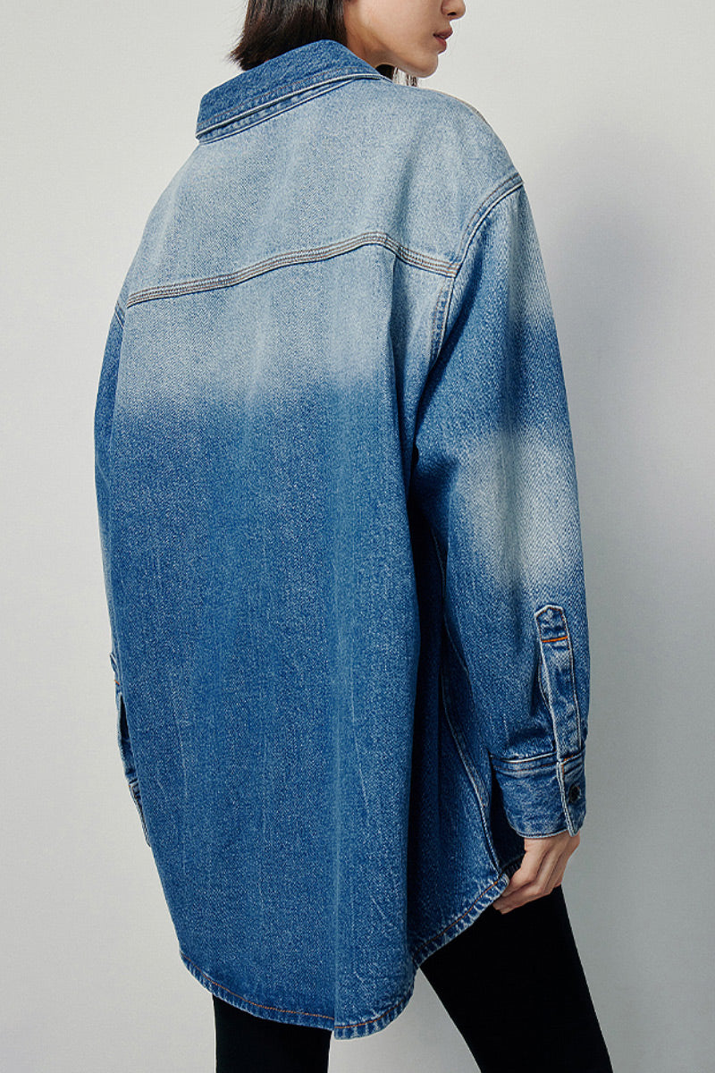 Oversized Denim Long-Sleeve Button-Up Shirt with Gradient Effect