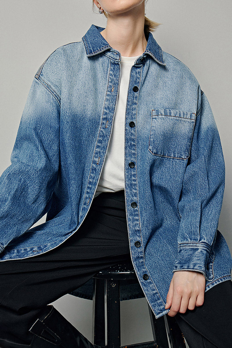 Oversized Denim Long-Sleeve Button-Up Shirt with Gradient Effect