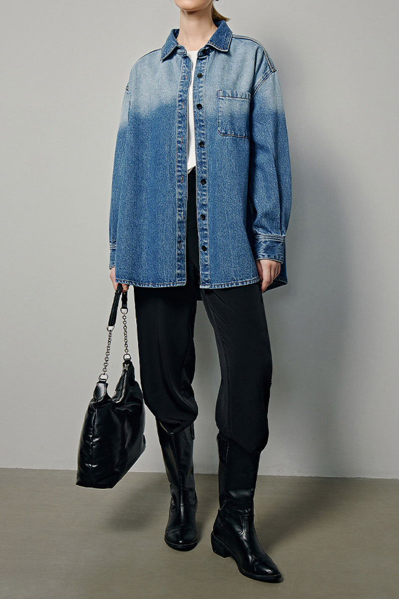 Oversized Denim Long-Sleeve Button-Up Shirt with Gradient Effect