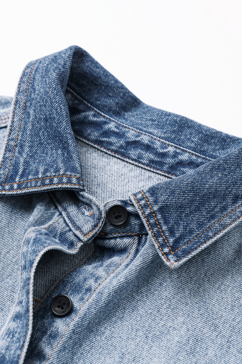 Oversized Denim Long-Sleeve Button-Up Shirt with Gradient Effect