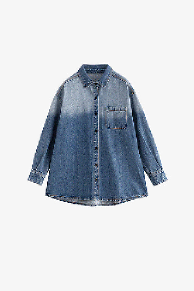 Oversized Denim Long-Sleeve Button-Up Shirt with Gradient Effect