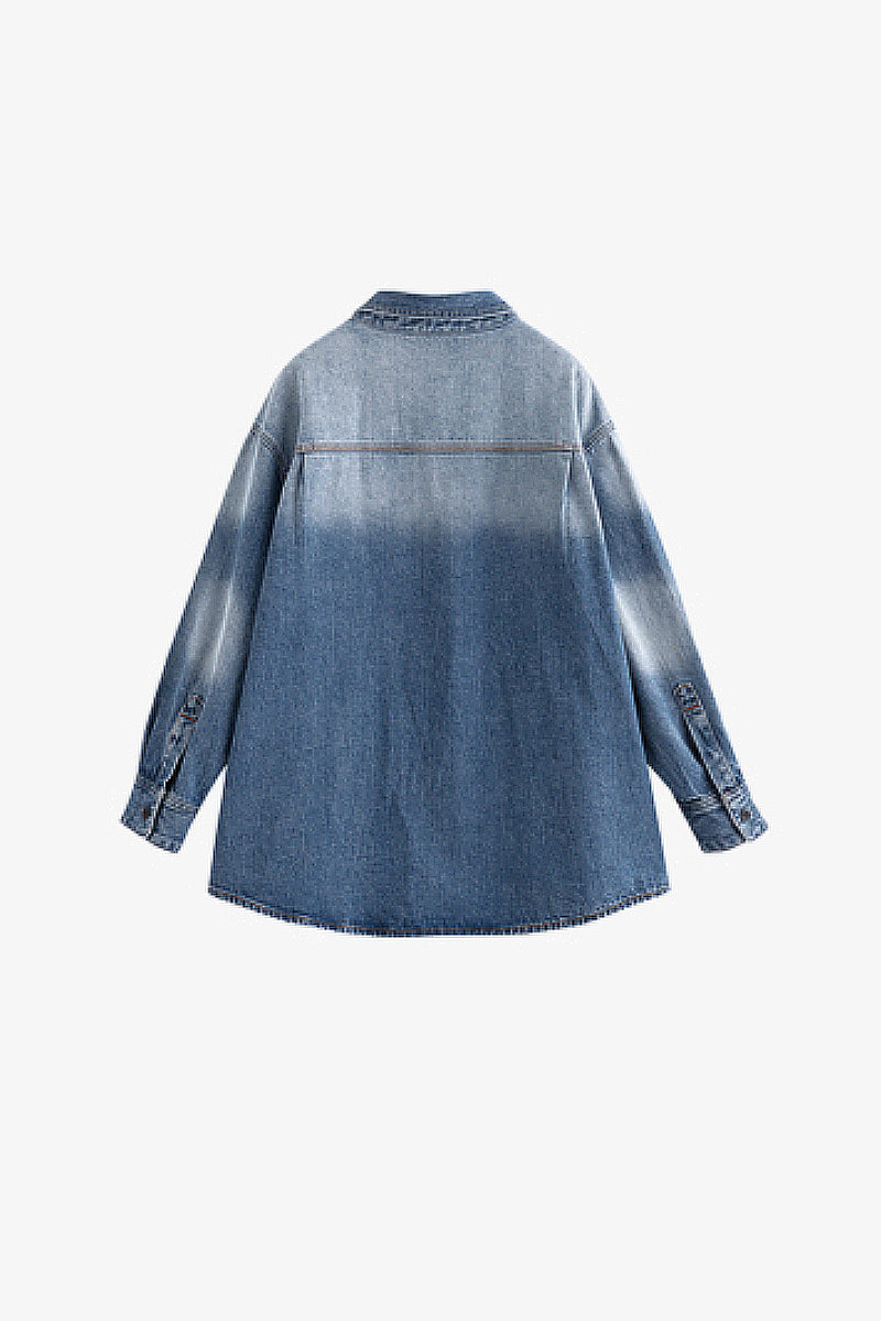 Oversized Denim Long-Sleeve Button-Up Shirt with Gradient Effect