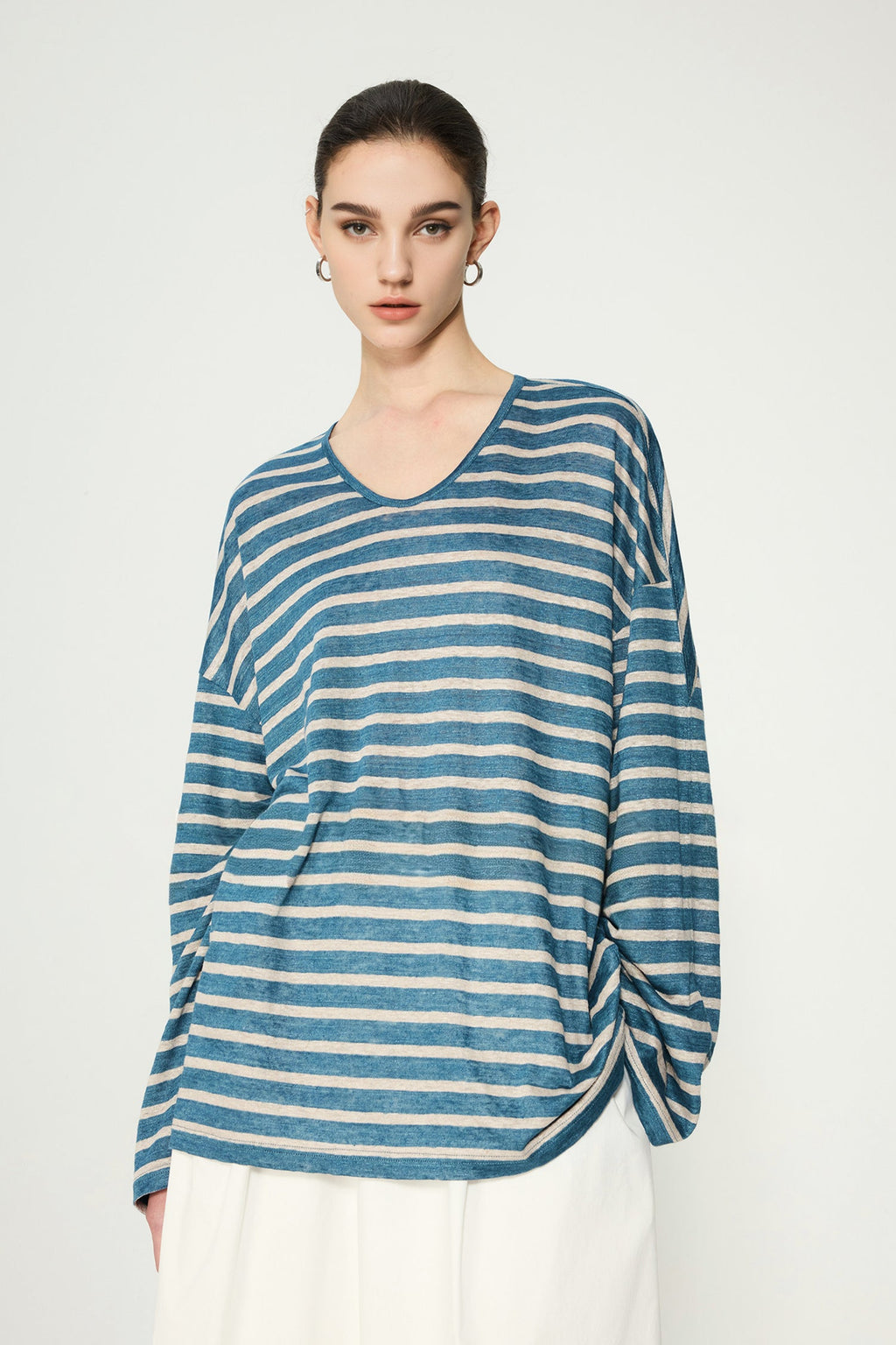 Oversized Japanese Linen Striped Long Sleeve T-Shirt