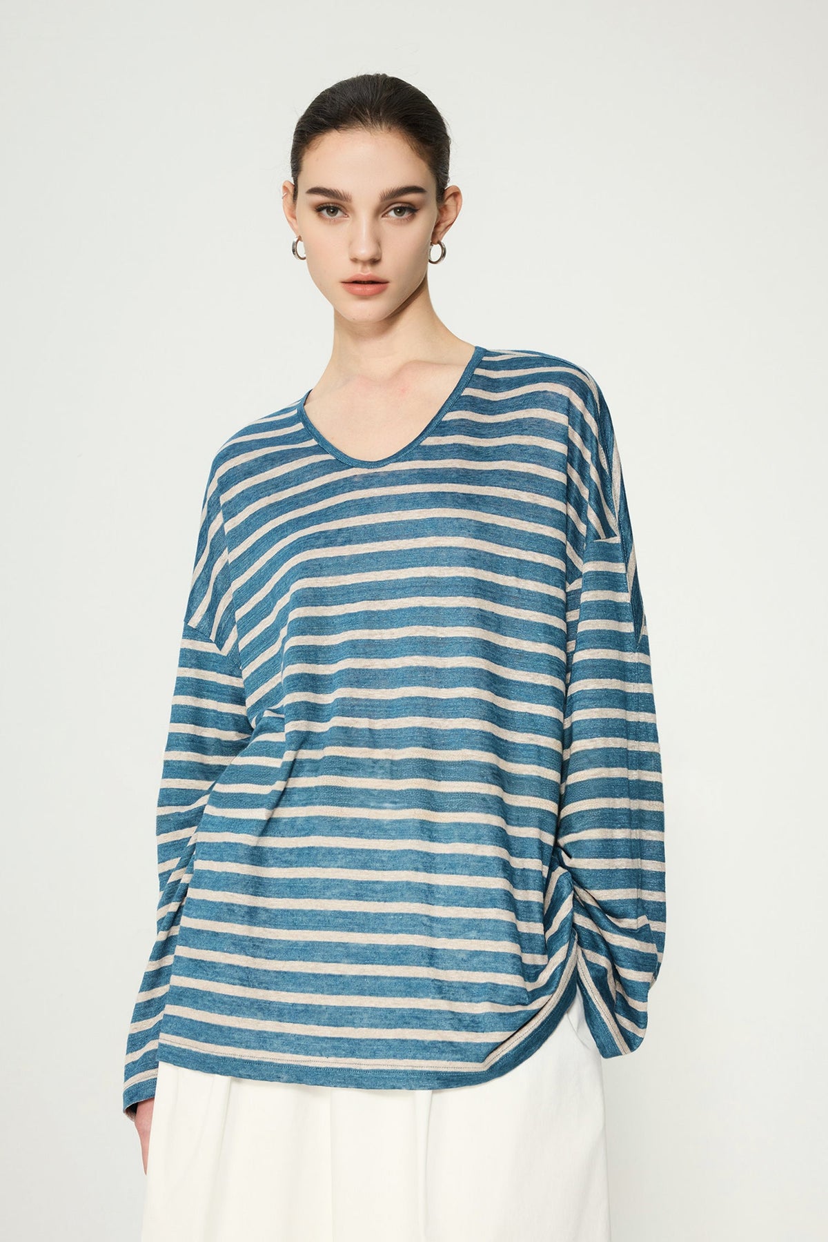 Oversized Japanese Linen Striped Long Sleeve T-Shirt