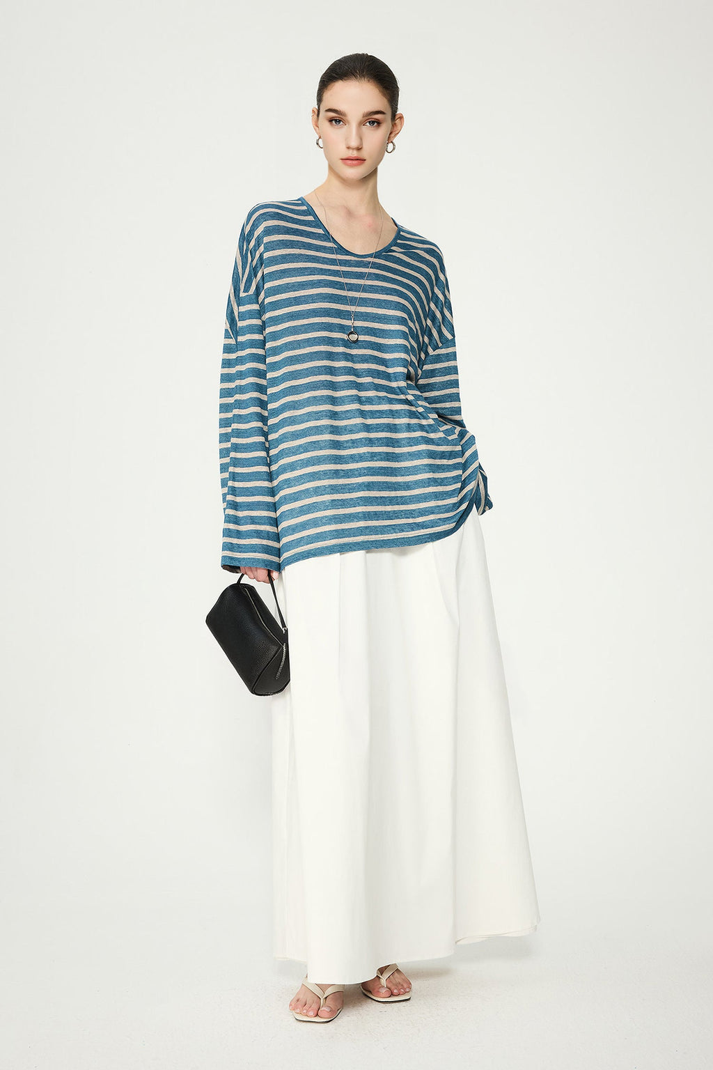 Oversized Japanese Linen Striped Long Sleeve T-Shirt