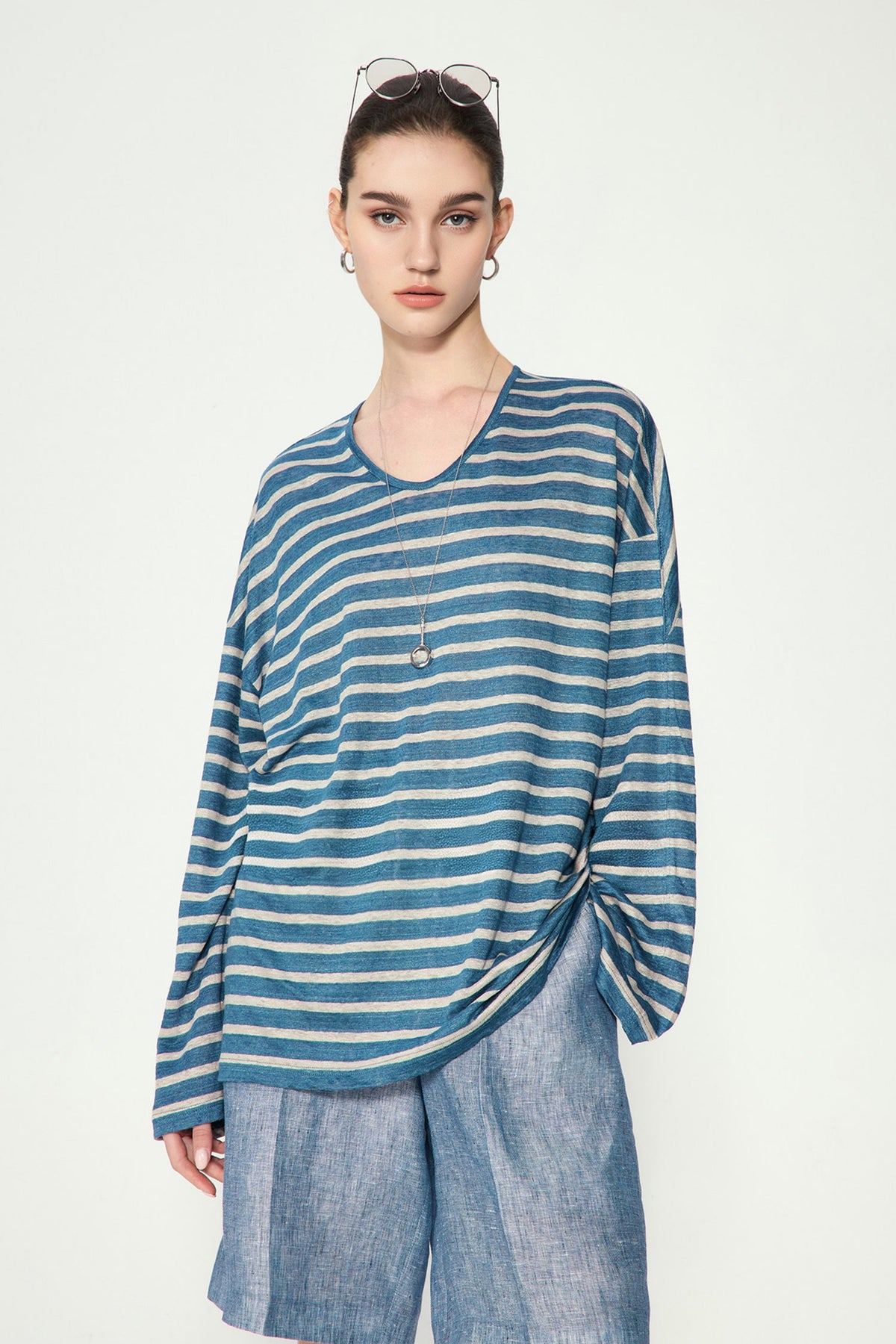 Oversized Japanese Linen Striped Long Sleeve T-Shirt