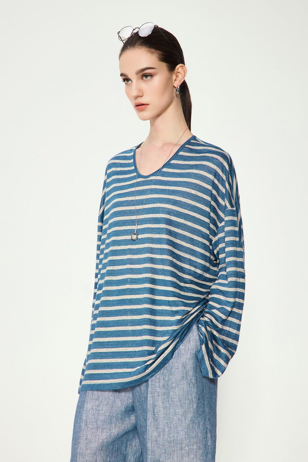 Oversized Japanese Linen Striped Long Sleeve T-Shirt