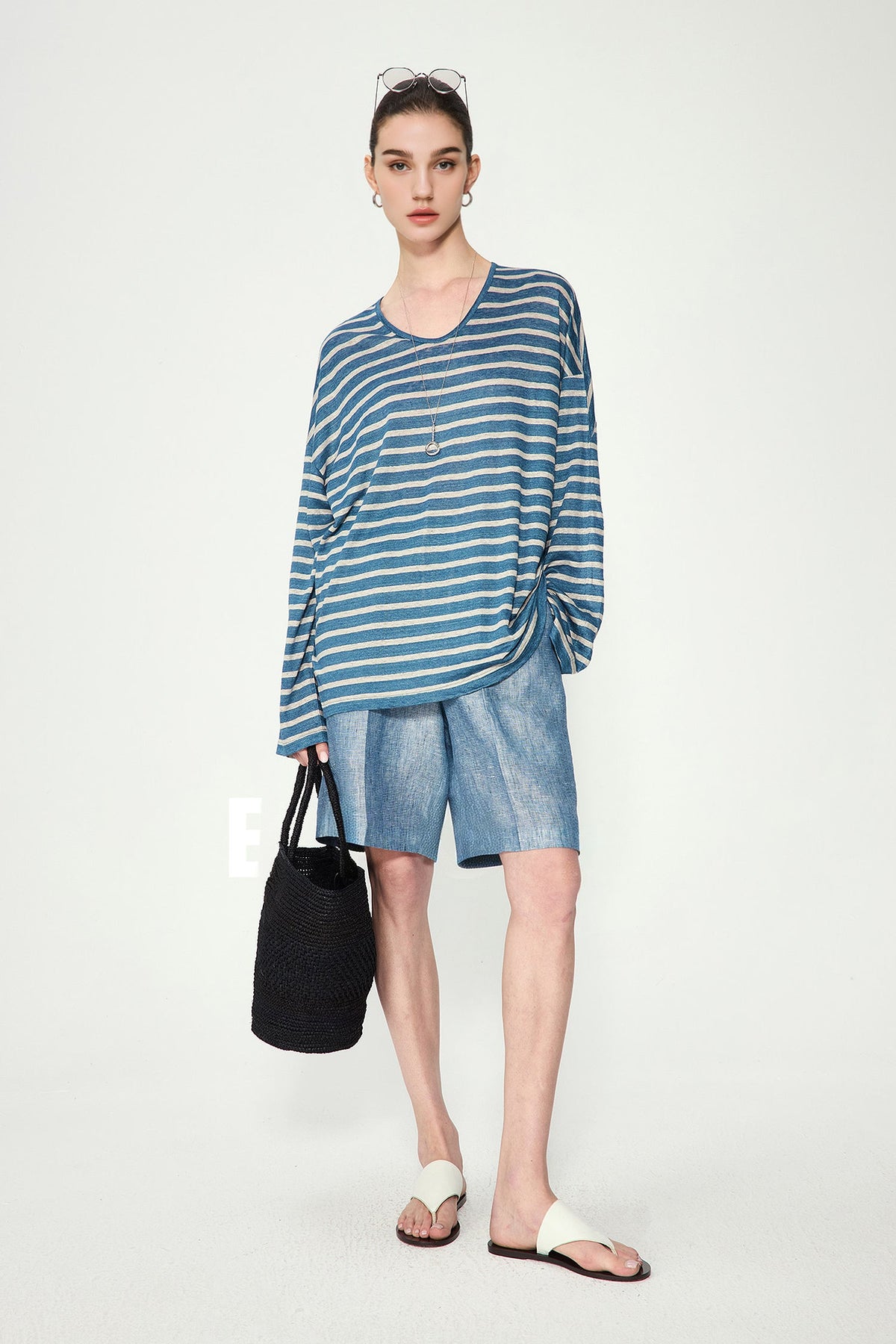 Oversized Japanese Linen Striped Long Sleeve T-Shirt