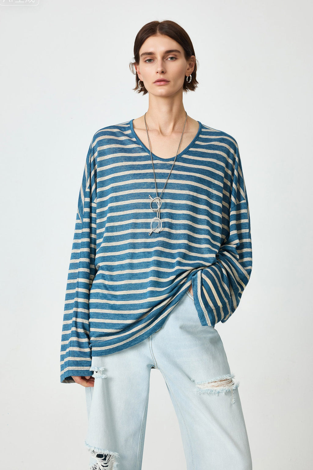 Oversized Japanese Linen Striped Long Sleeve T-Shirt