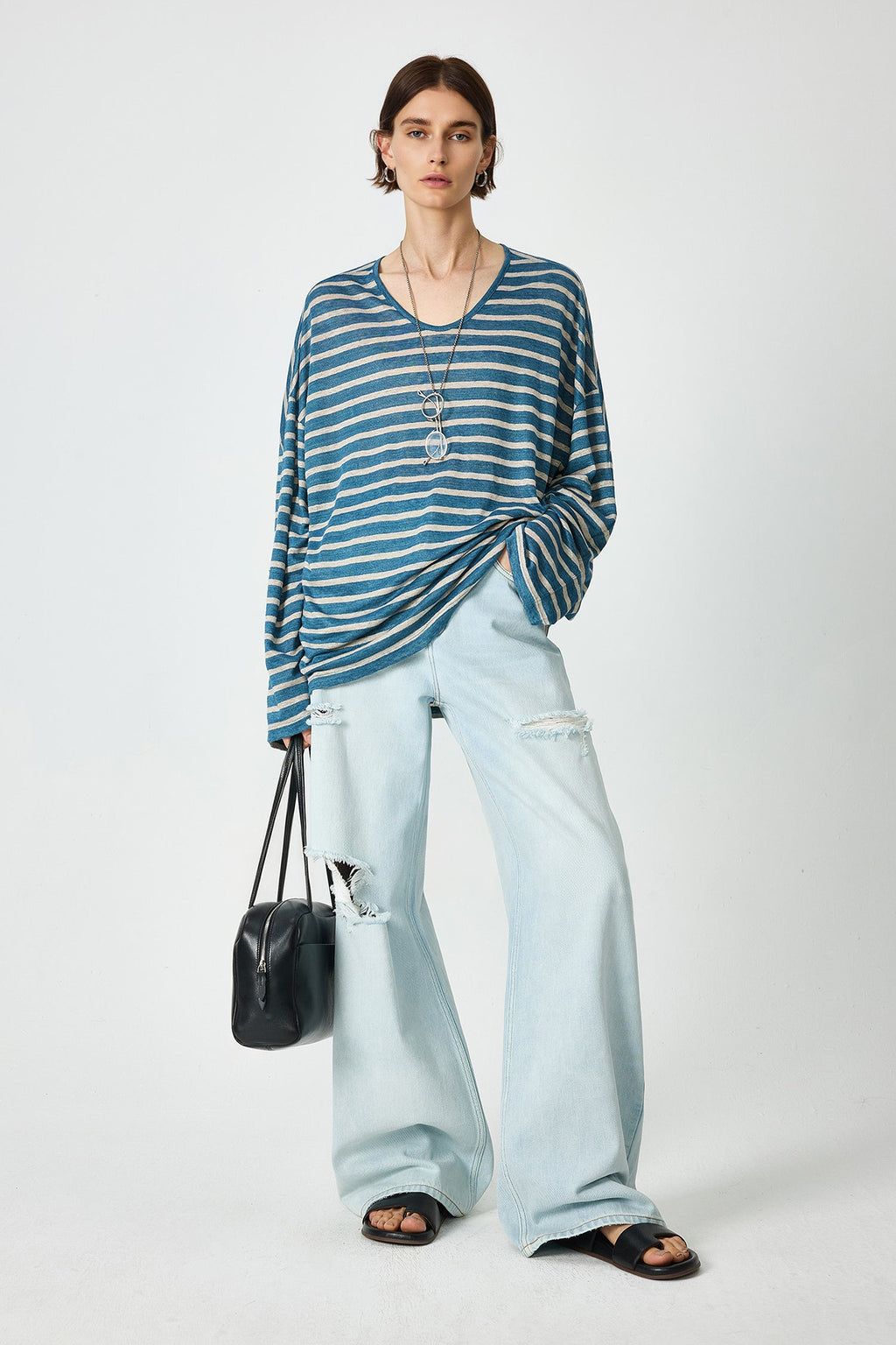 Oversized Japanese Linen Striped Long Sleeve T-Shirt