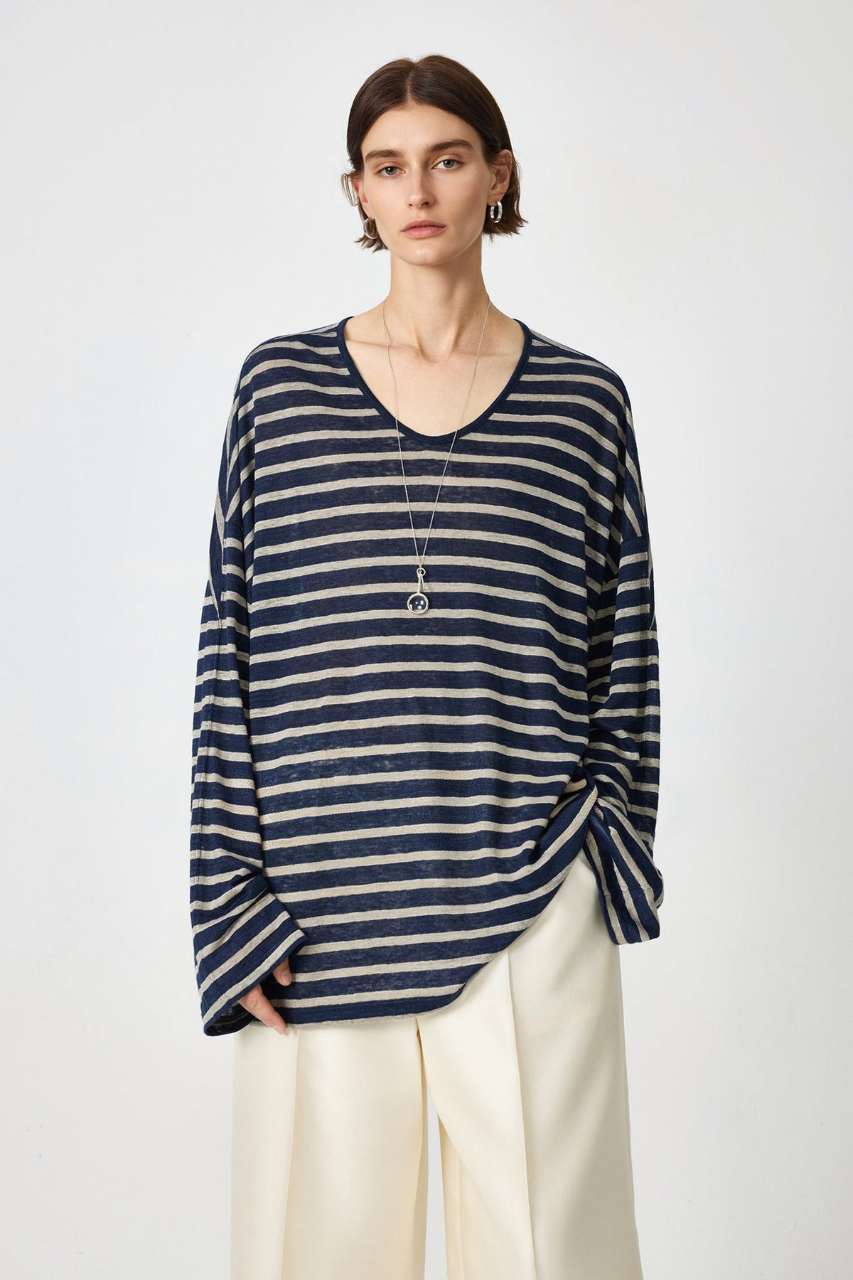 Oversized Japanese Linen Striped Long Sleeve T-Shirt