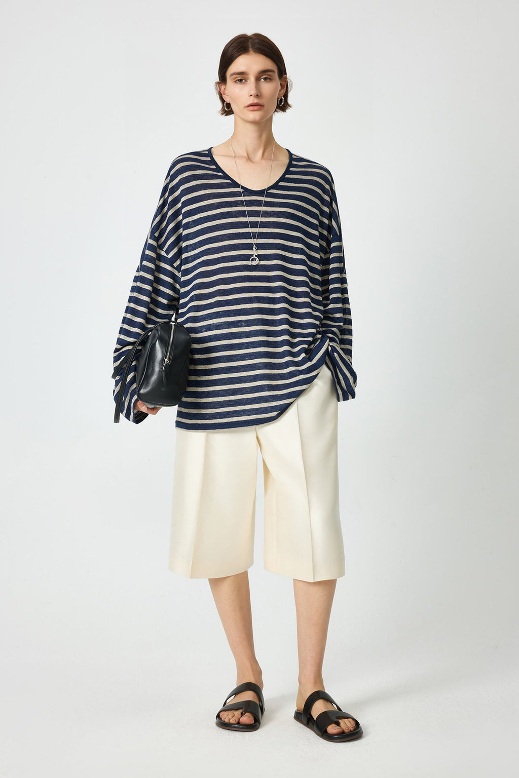 Oversized Japanese Linen Striped Long Sleeve T-Shirt