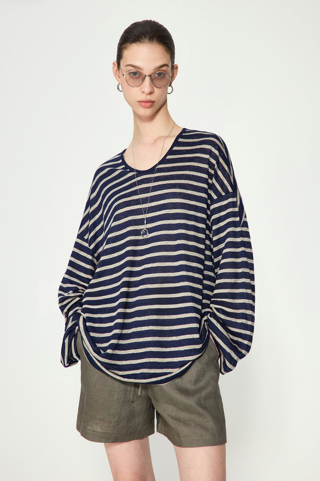 Oversized Japanese Linen Striped Long Sleeve T-Shirt