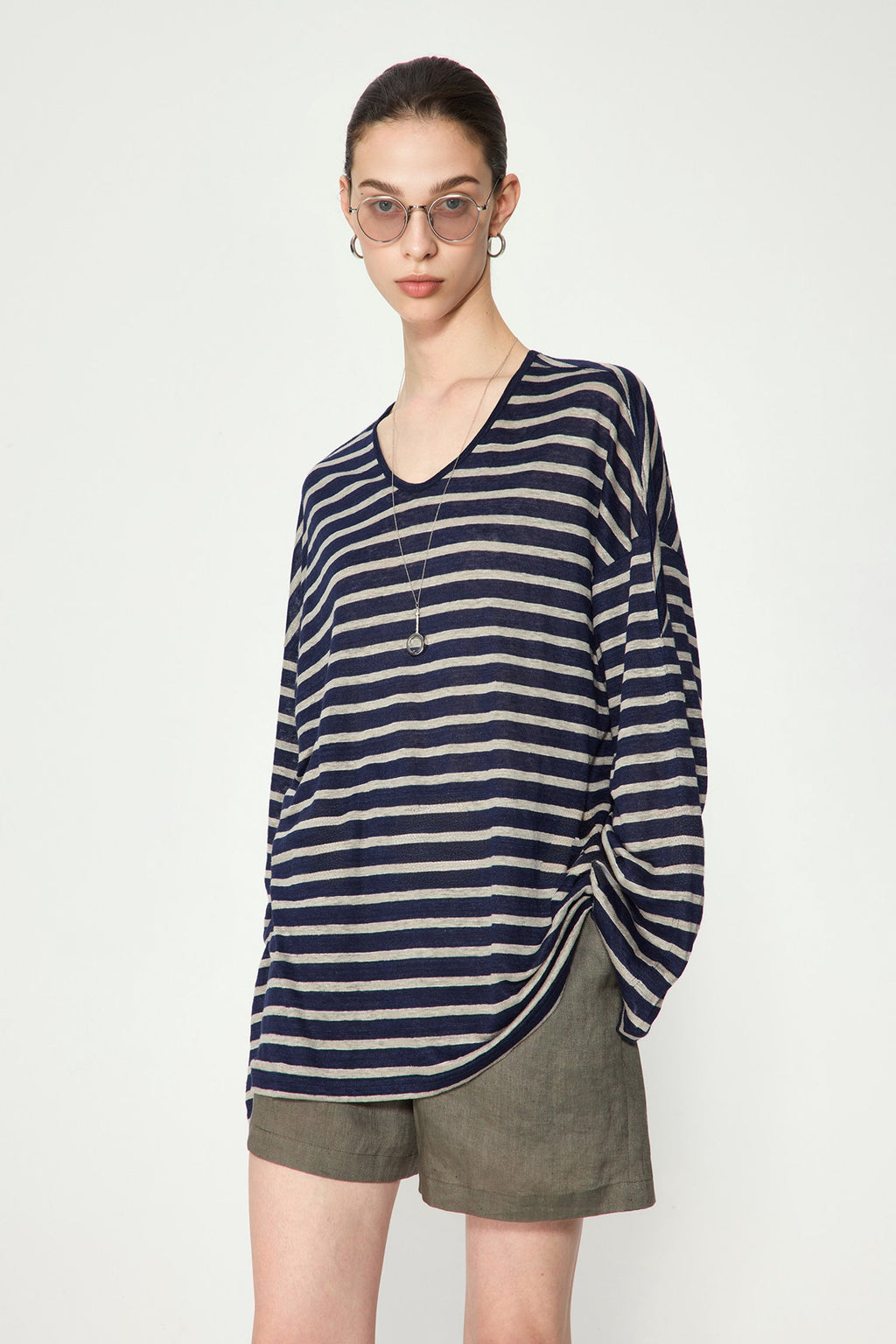 Oversized Japanese Linen Striped Long Sleeve T-Shirt
