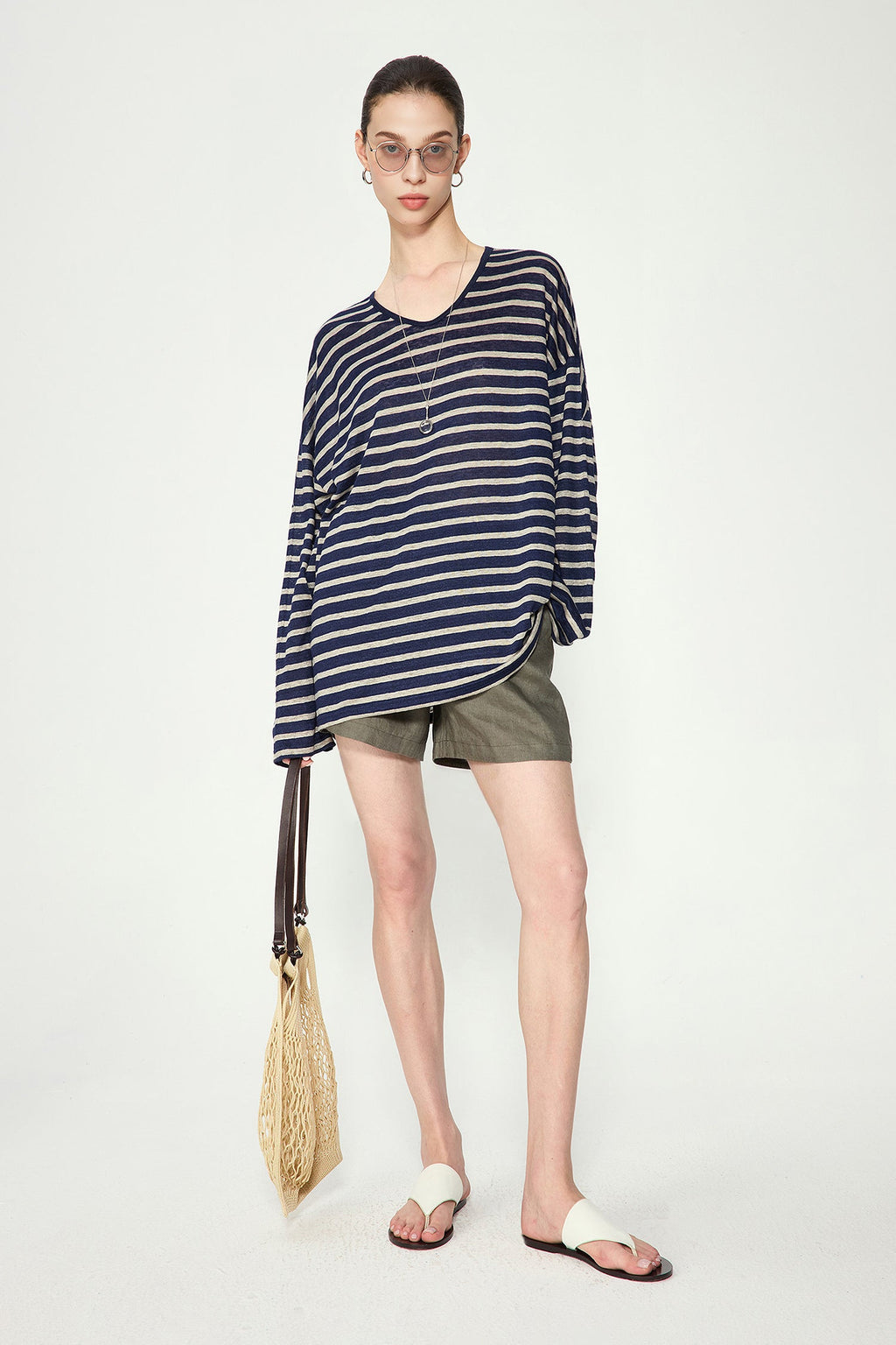 Oversized Japanese Linen Striped Long Sleeve T-Shirt
