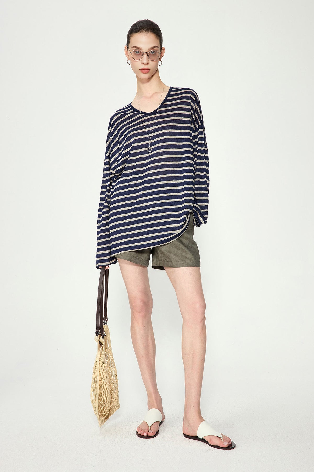 Oversized Japanese Linen Striped Long Sleeve T-Shirt