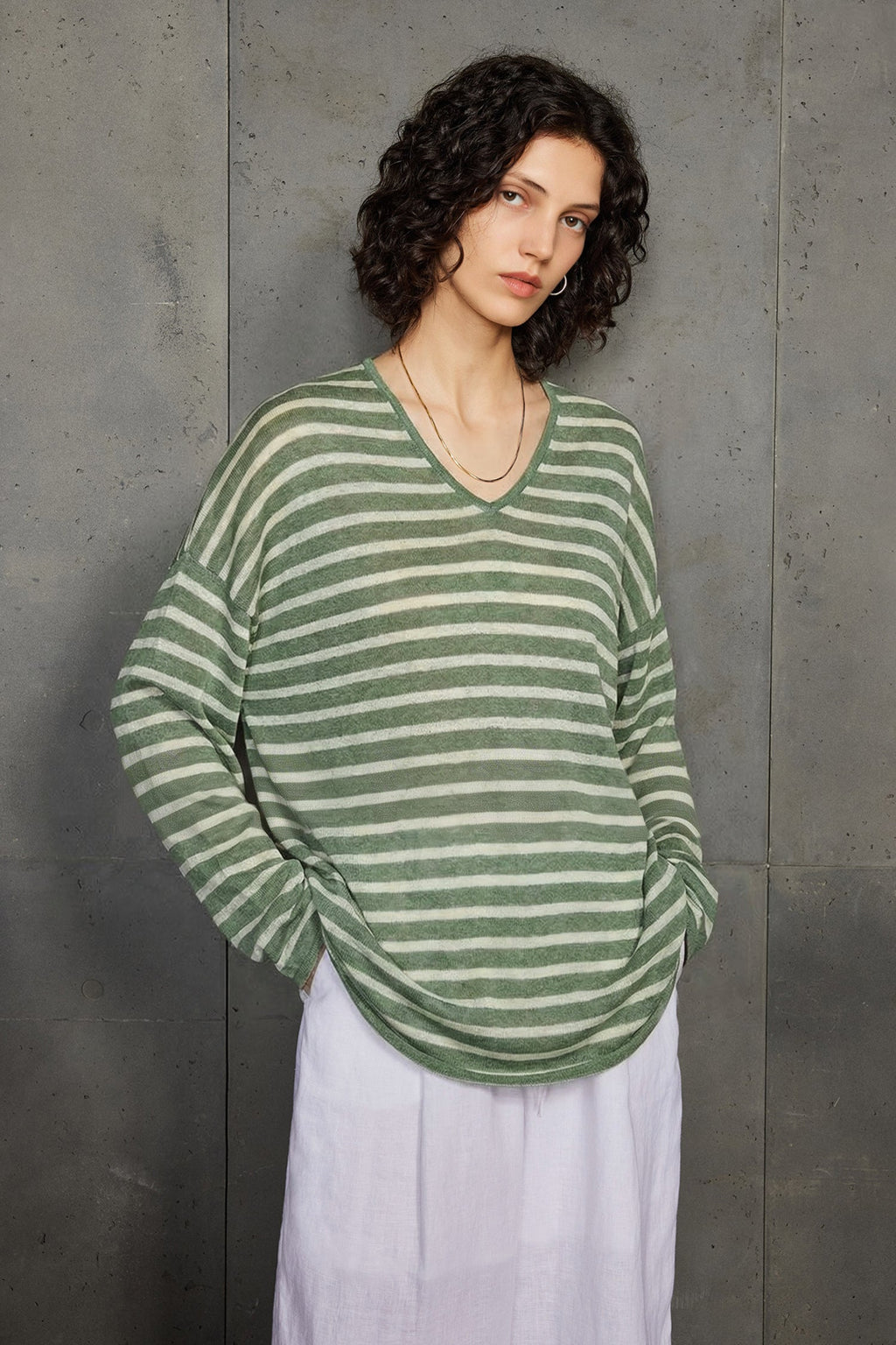 Oversized Japanese Linen Striped Long Sleeve T-Shirt
