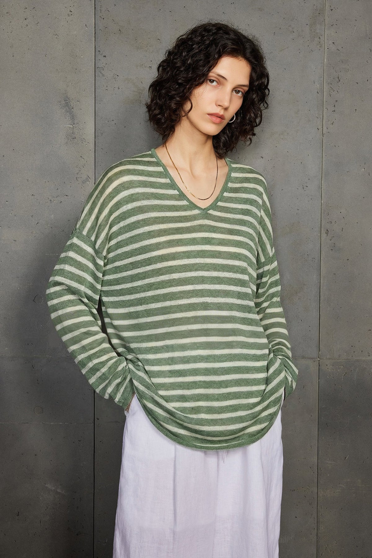 Oversized Japanese Linen Striped Long Sleeve T-Shirt