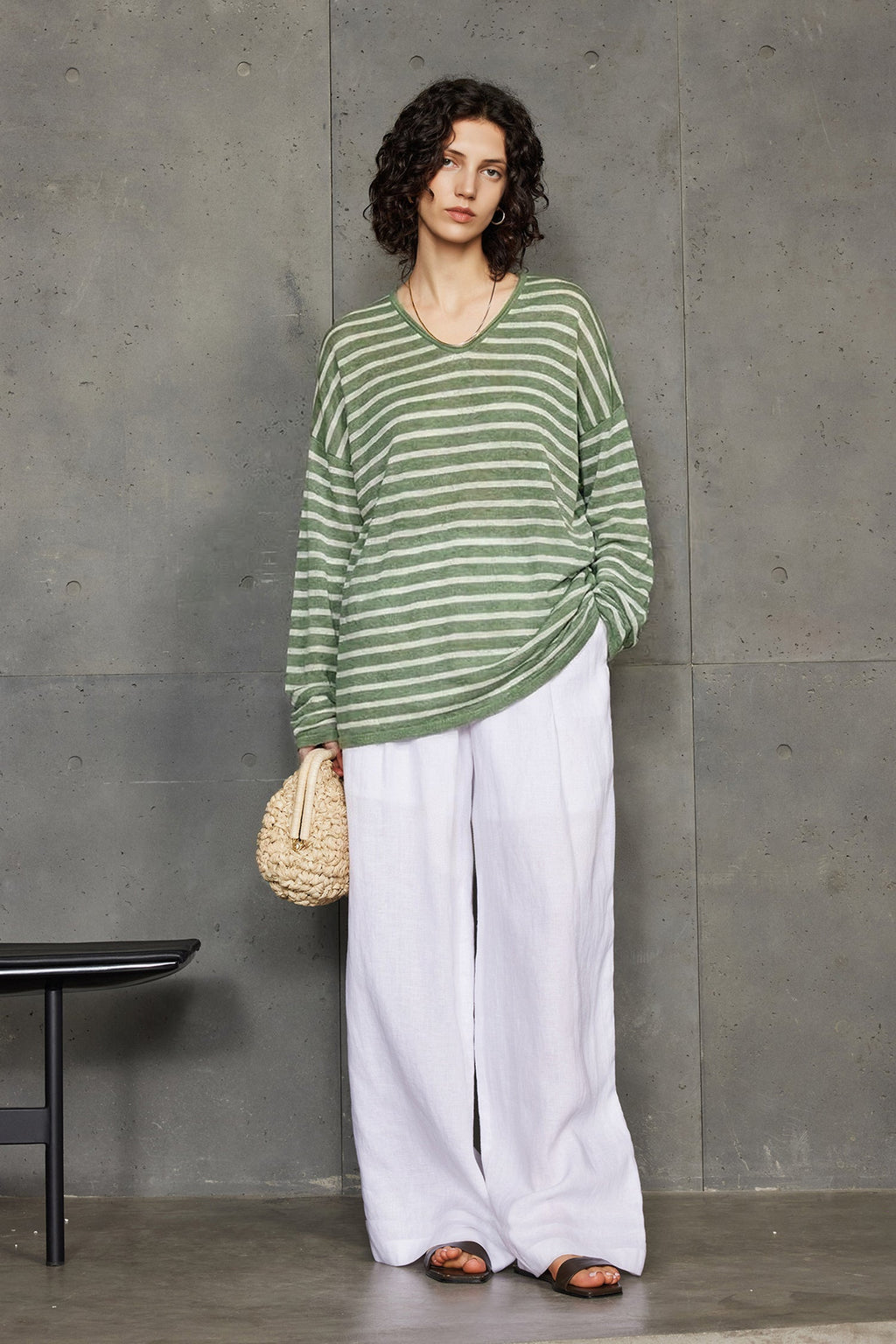 Oversized Japanese Linen Striped Long Sleeve T-Shirt