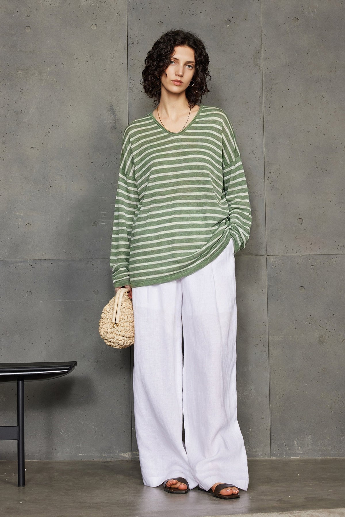 Oversized Japanese Linen Striped Long Sleeve T-Shirt