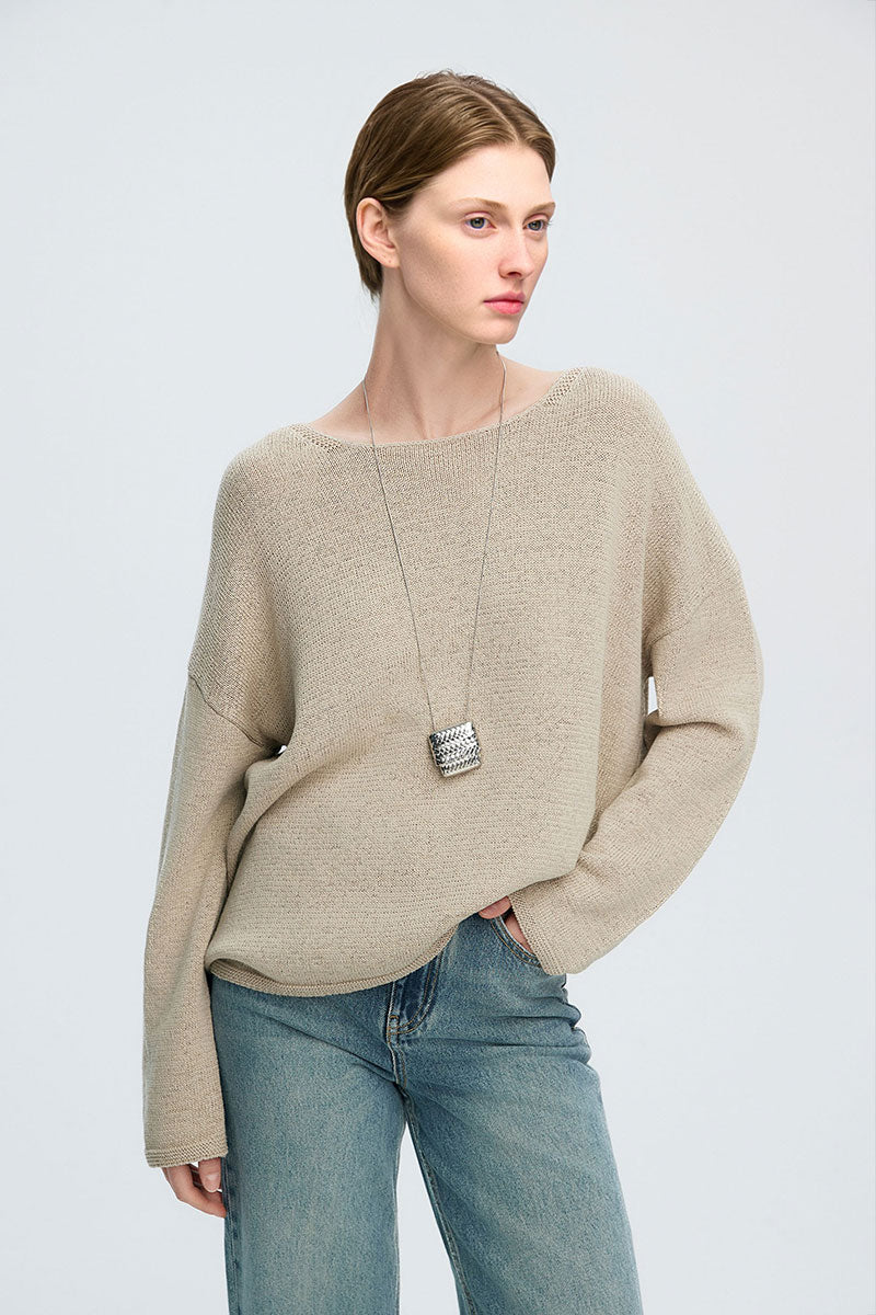 Oversized Linen-Cotton Knit Long-Sleeve Drop-Shoulder T-Shirt