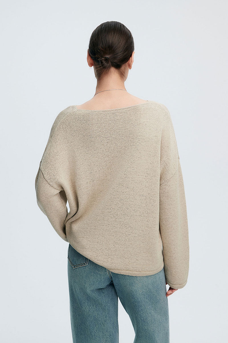 Oversized Linen-Cotton Knit Long-Sleeve Drop-Shoulder T-Shirt