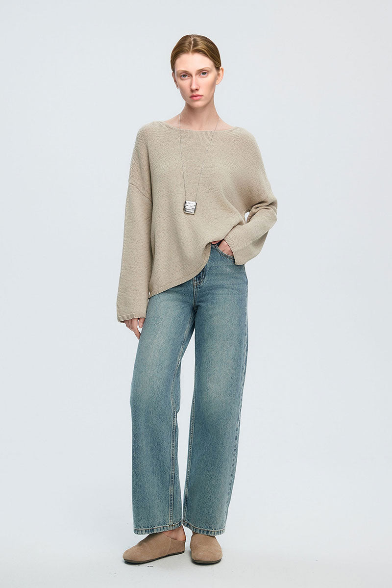 Oversized Linen-Cotton Knit Long-Sleeve Drop-Shoulder T-Shirt