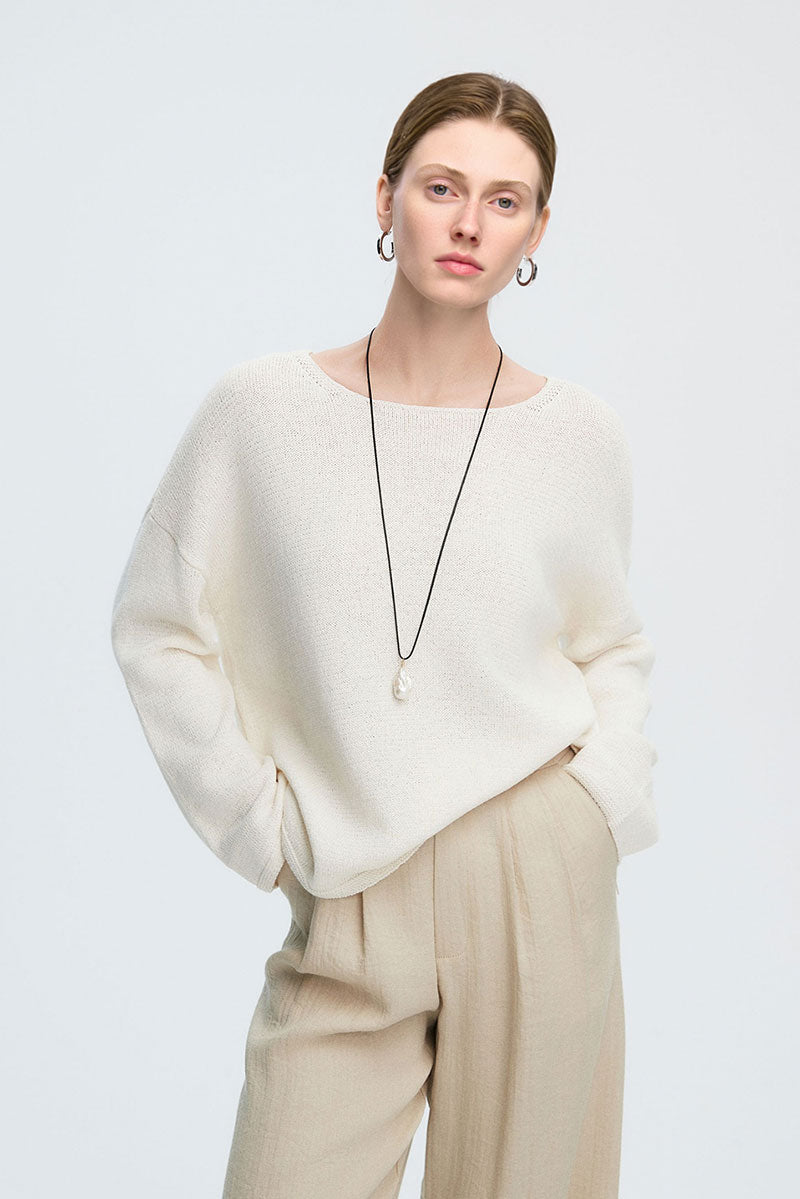 Oversized Linen-Cotton Knit Long-Sleeve Drop-Shoulder T-Shirt