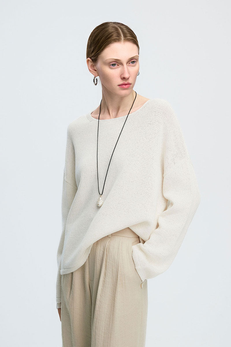 Oversized Linen-Cotton Knit Long-Sleeve Drop-Shoulder T-Shirt