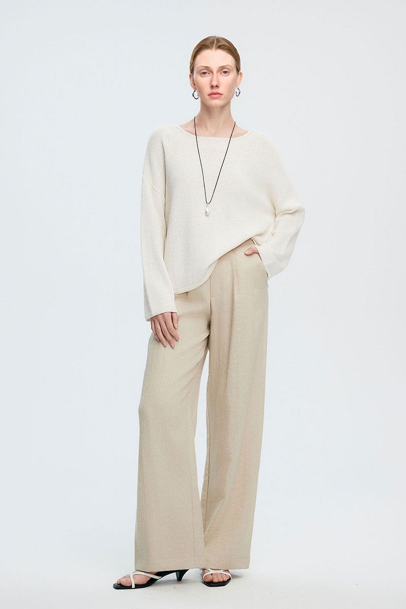 Oversized Linen-Cotton Knit Long-Sleeve Drop-Shoulder T-Shirt