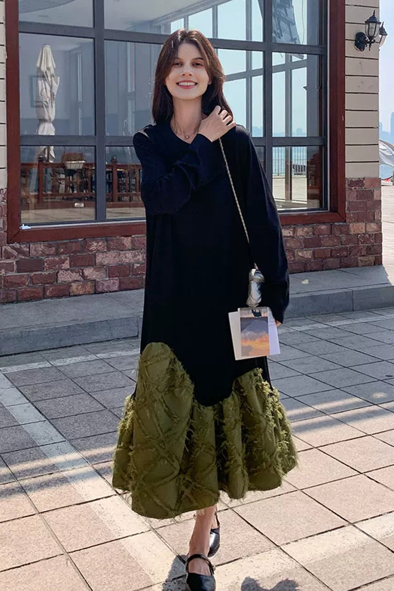 Oversized Long Sleeve Mixed Media Sweatshirt  Midi Dress