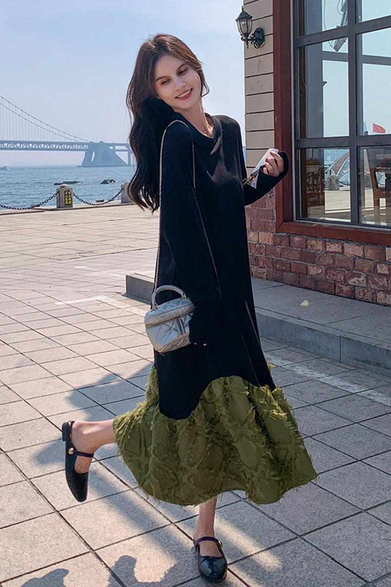 Oversized Long Sleeve Mixed Media Sweatshirt  Midi Dress