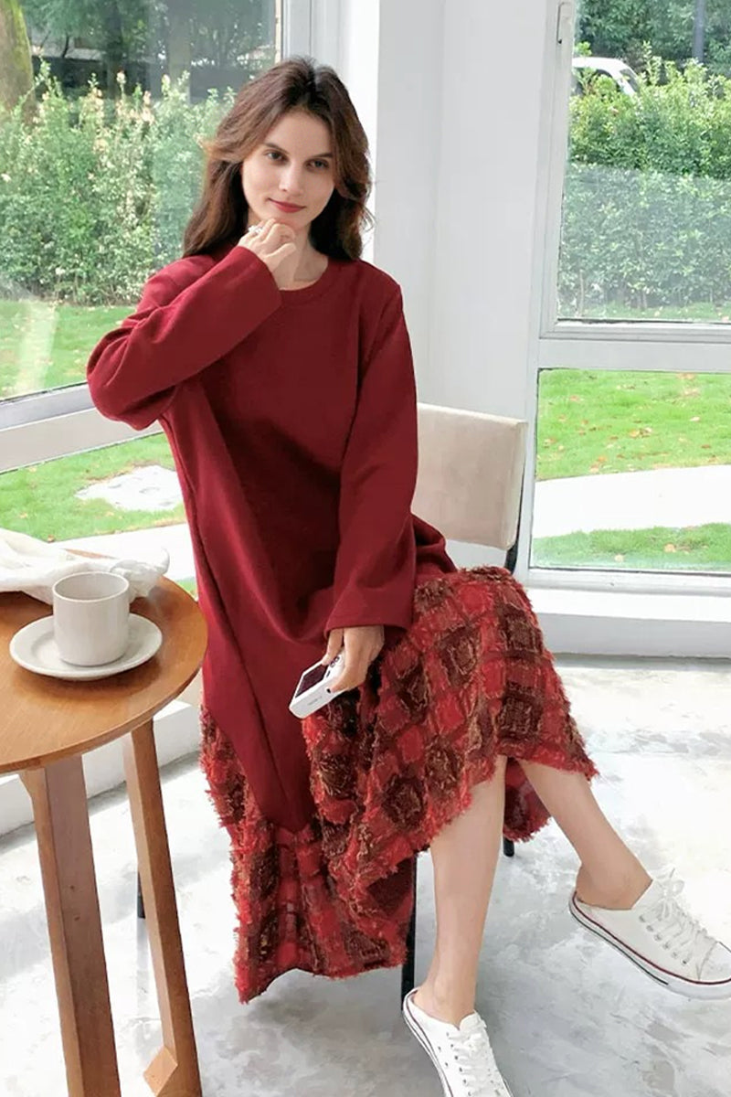 Oversized Long Sleeve Mixed Media Sweatshirt  Midi Dress