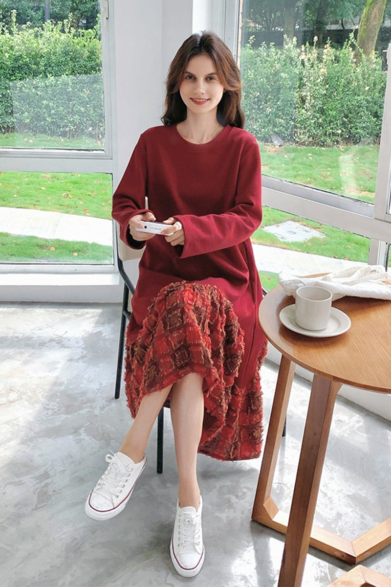 Oversized Long Sleeve Mixed Media Sweatshirt  Midi Dress