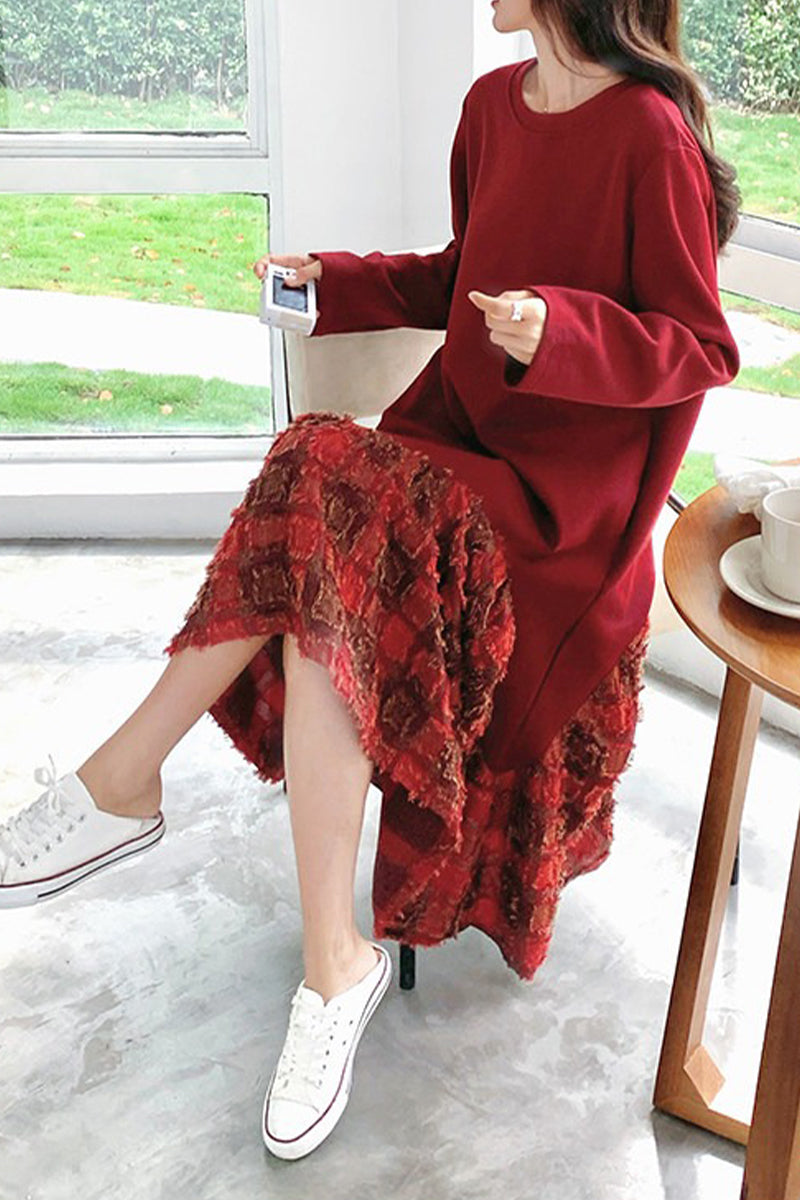 Oversized Long Sleeve Mixed Media Sweatshirt  Midi Dress