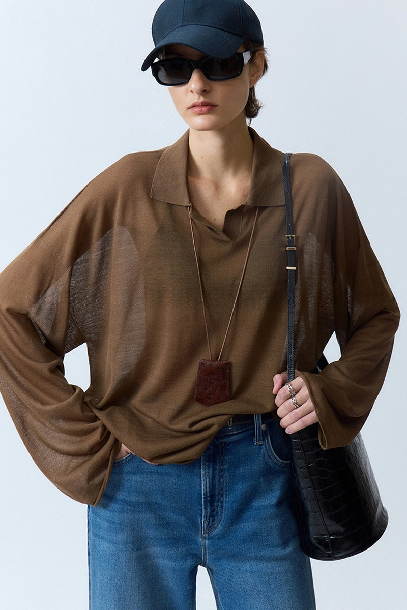 Oversized Triacetate-Cotton Long Sleeve Polo T-Shirt
